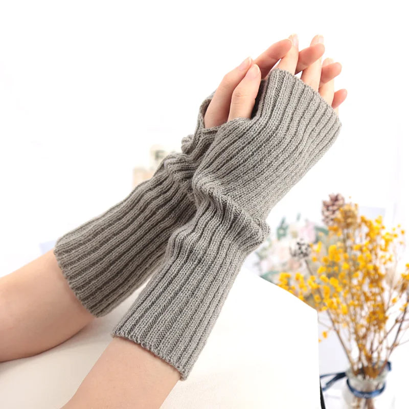 Women's Long Fingerless Gloves Kawaii Knit Arm Warmers Fingerless Arm Warmers Qme GRAY one size