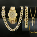 Men's 4-Piece Watch, Cuban Necklace, Bracelet & Cross Set Men's Jewelry Set Qme Gold
