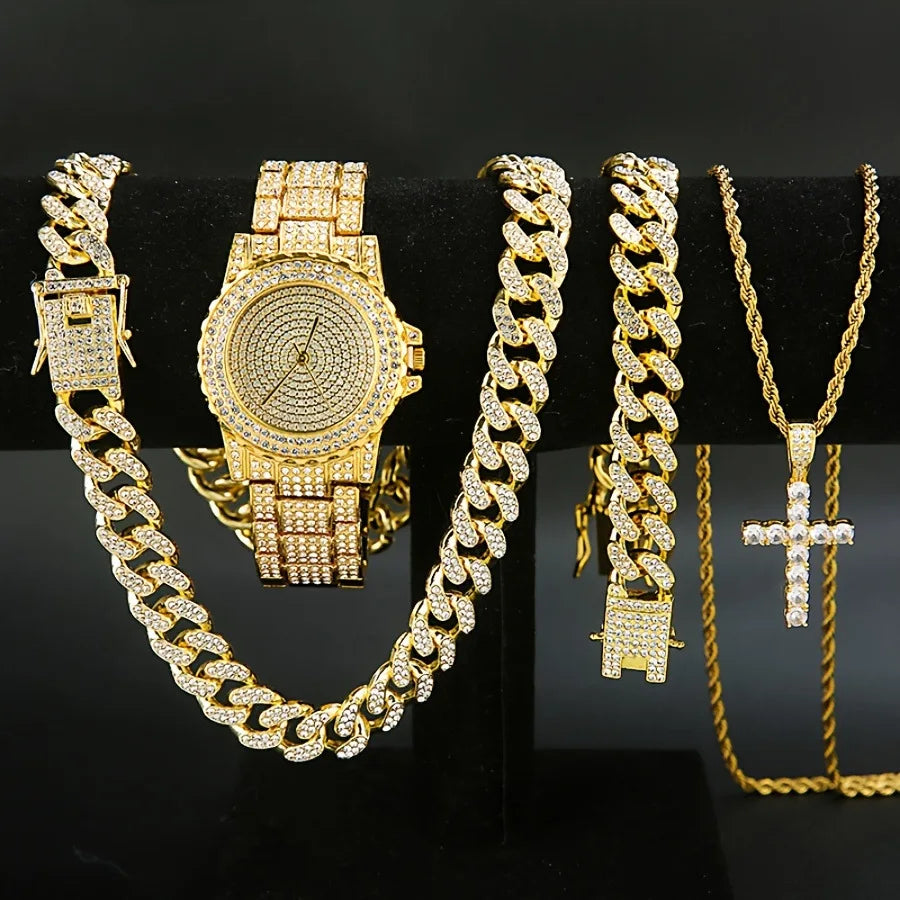 Men's 4-Piece Watch, Cuban Necklace, Bracelet & Cross Set Men's Jewelry Set Qme Gold