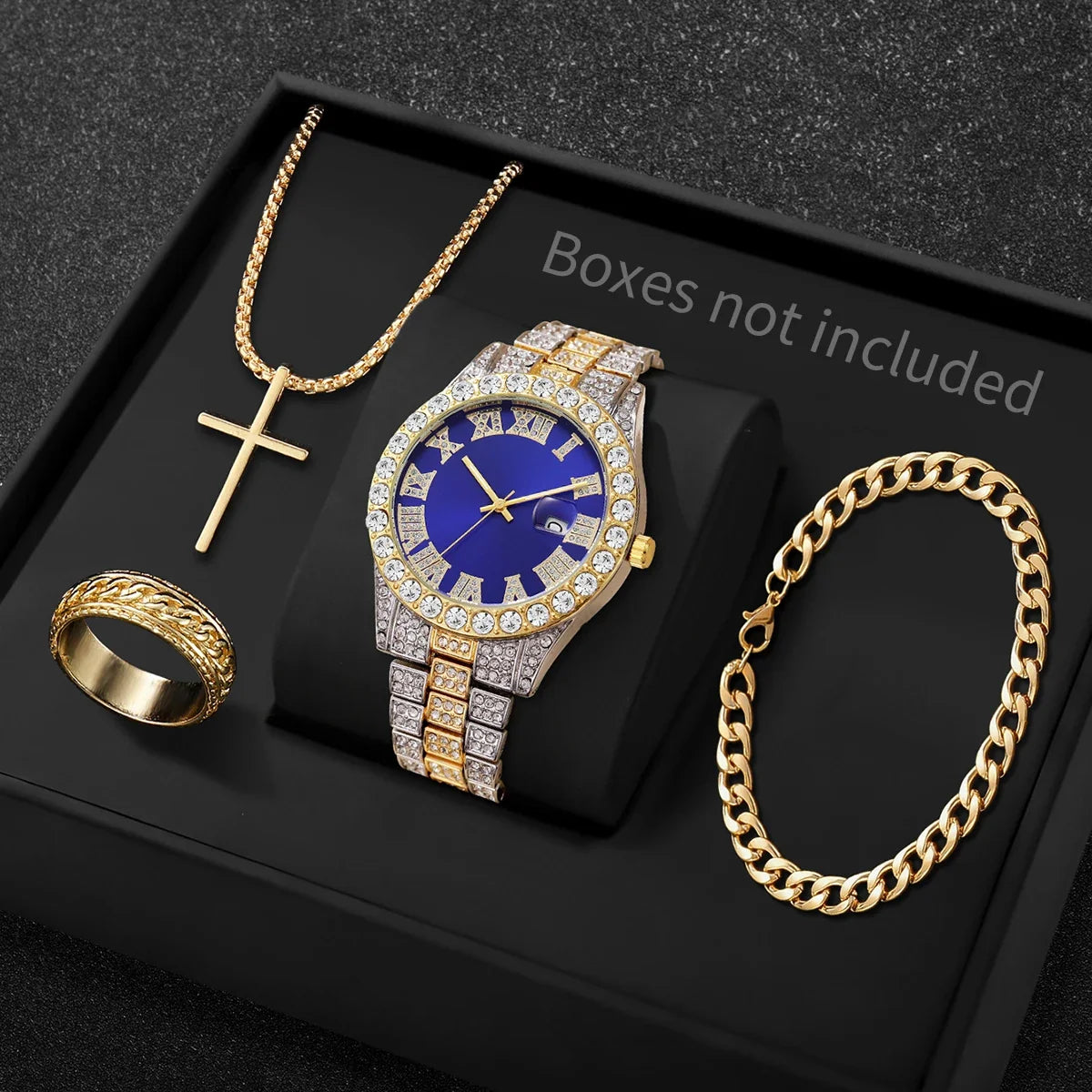 Men's Bling Quartz Watch, Necklace, Ring & Bracelet Set Men's Jewelry Set Qme Blue B Without Box