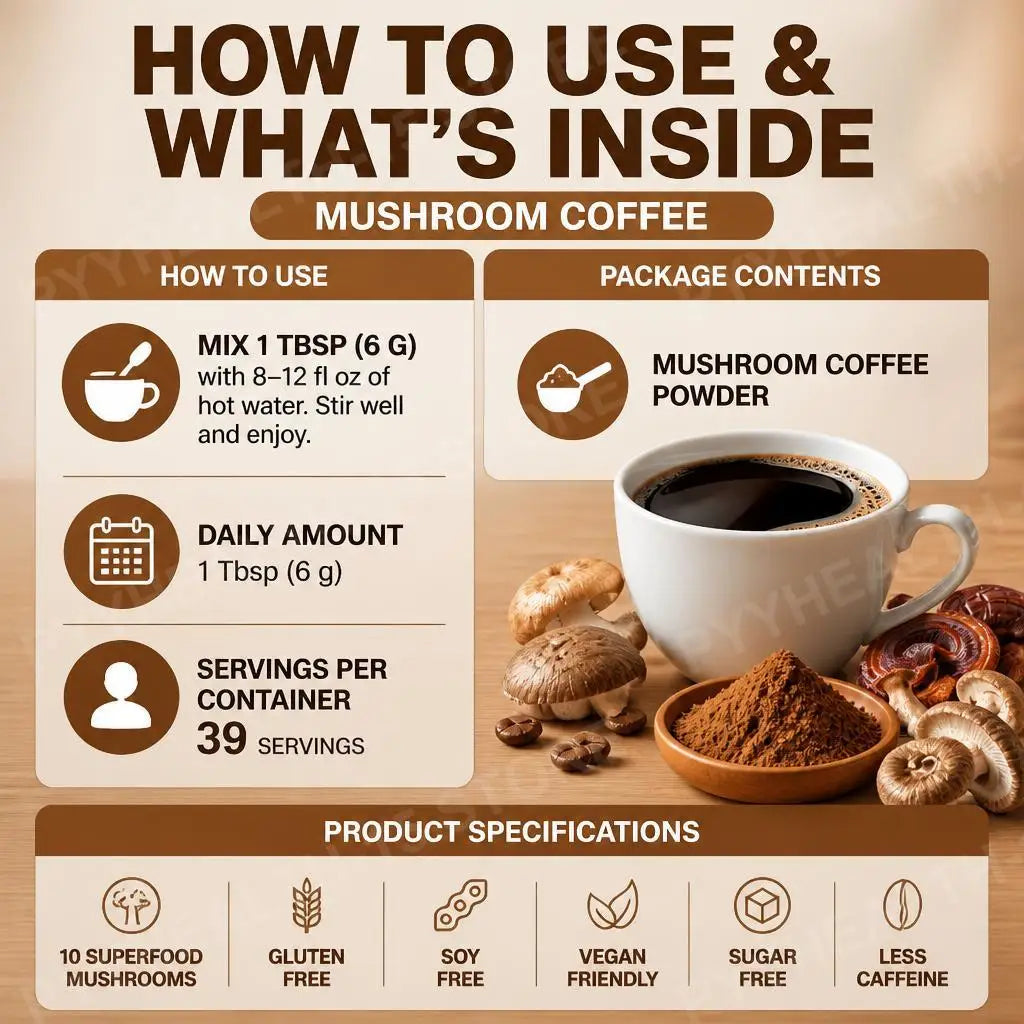 Mushroom Coffee Powder – 10 Superfoods, Focus & Energy, 39 Servings Mushroom Coffee Powder Qst