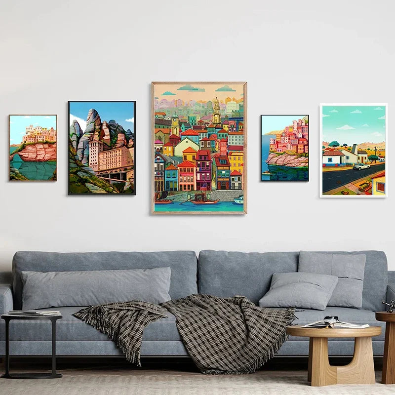 Colorful City Landscape Nordic Canvas Wall Art Print | No Frame Canvas Wall Art Qst