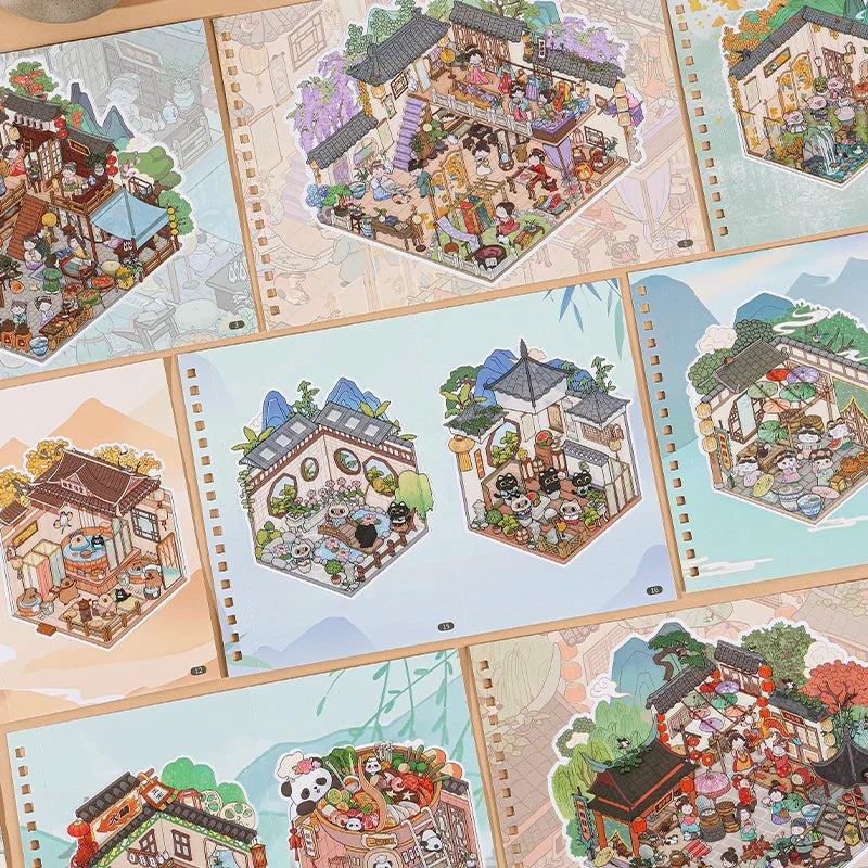 3D Cartoon Landscape Sticker Book – Ancient Building DIY Cabin 3D Sticker Book Qme