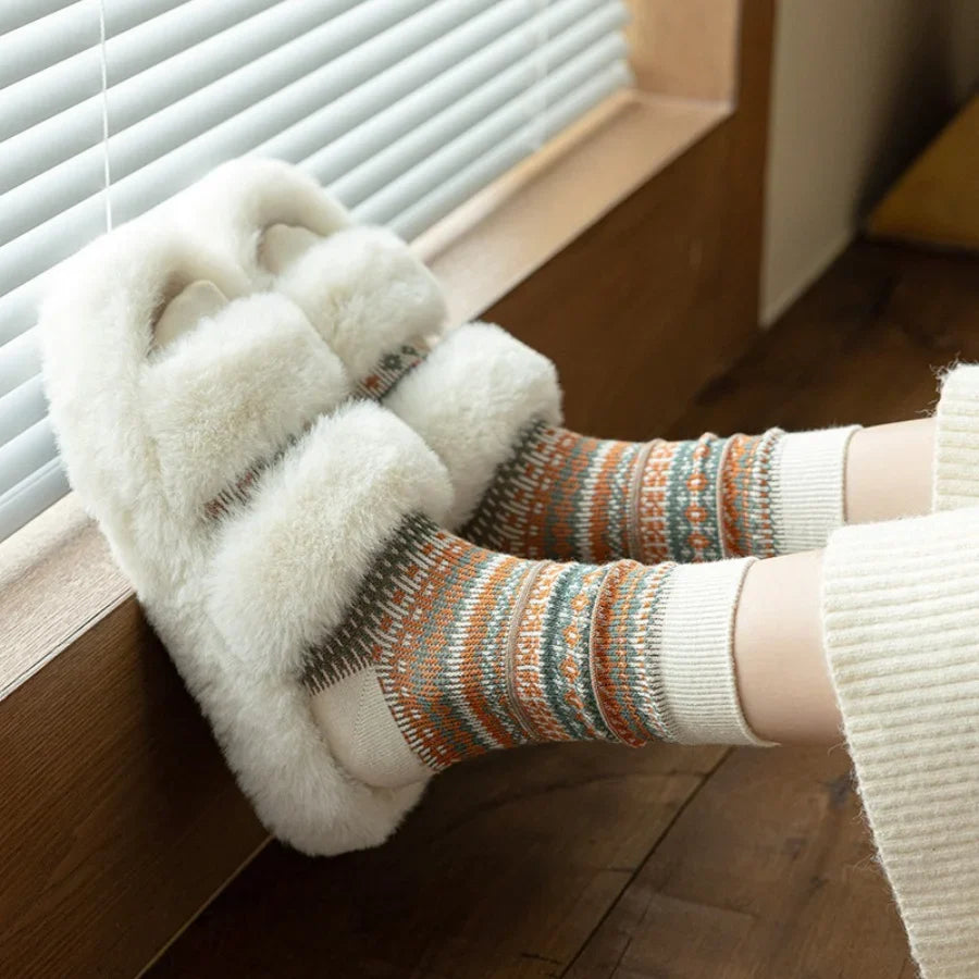 Vintage Fair Isle Crew Socks | Retro Ethnic Pattern Winter Socks Crew Socks Qme