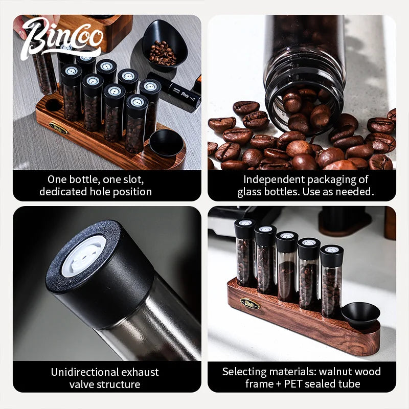 Coffee Bean Storage Tubes & Walnut Wood Display Stand Coffee Bean Storage Set Qst