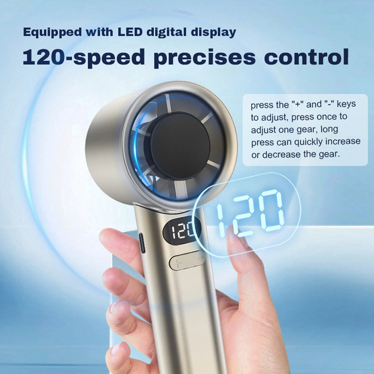 Portable Turbofan USB Rechargeable Fan – 120-Speed Display Portable Handheld Fan Qst Gold 220V-240V EU Plug