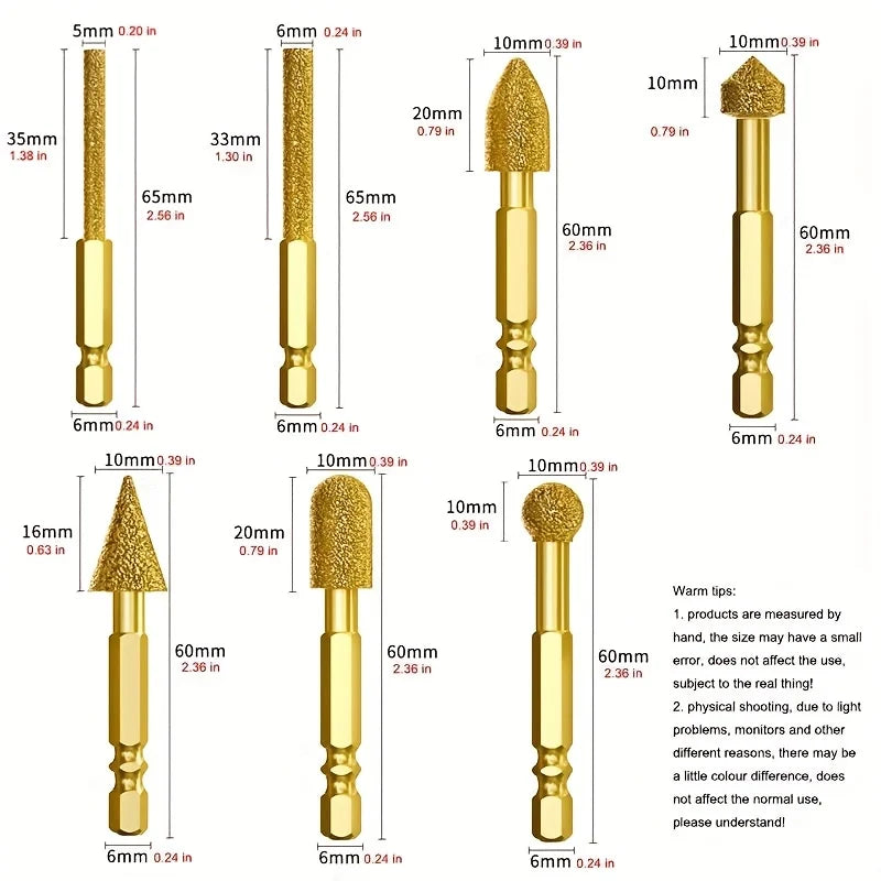 7pc Hex Shank Diamond Grinding Burr Set – Rotary File Bits Rotary Grinding Burr Set Qme