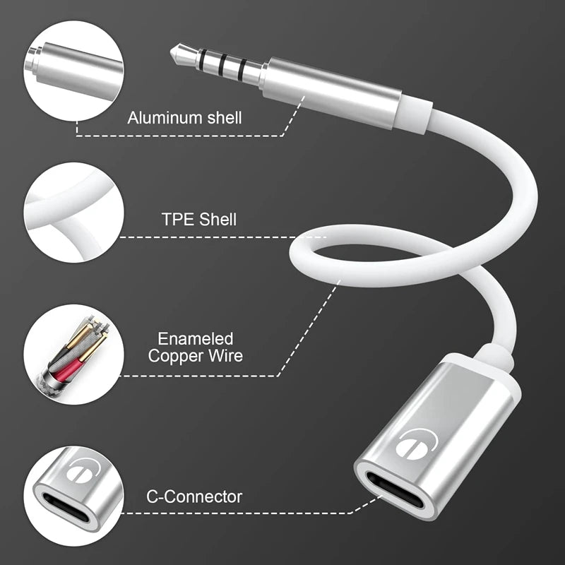3.5mm Male to USB-C Female Audio Adapter Cable | Hi-Fi Stereo Audio Adapter Cable Qst