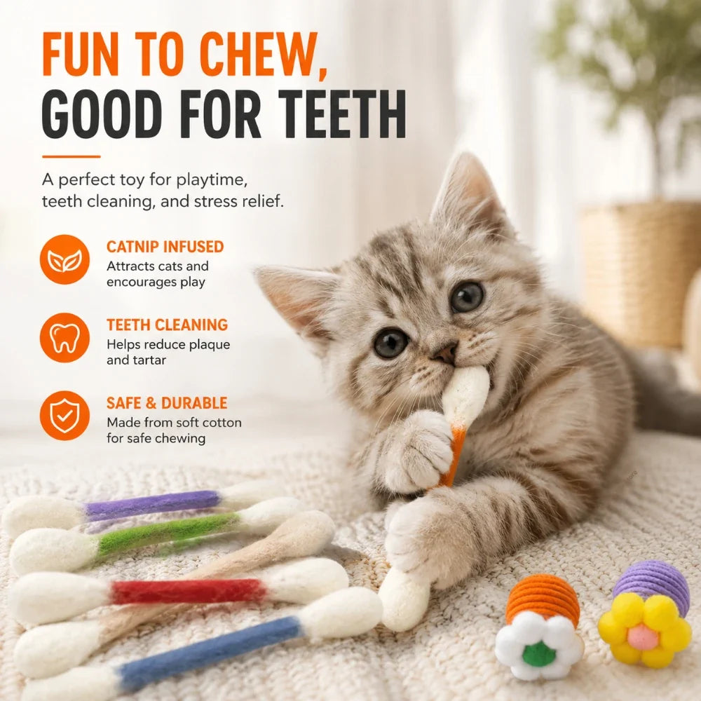 6-Pack Catnip Chew Toys – Cotton Swab Kitten Teeth Toy Cat Chew Toy Qme