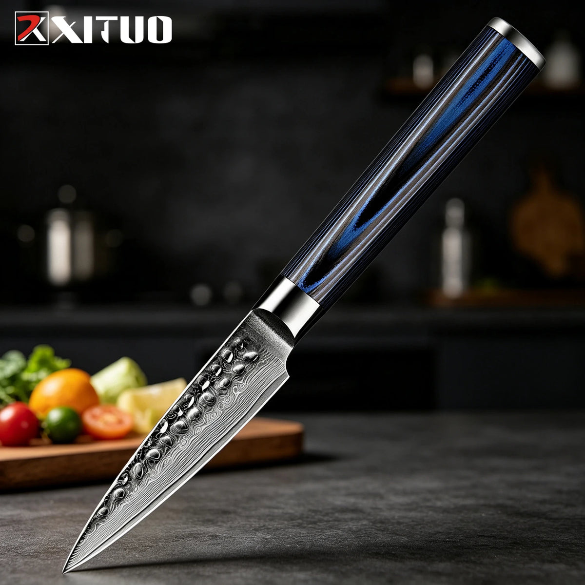 XITUO 4-Piece Damascus Steel Kitchen Knife Set – Hammered Kitchen Knife Set Qst Fruit knife