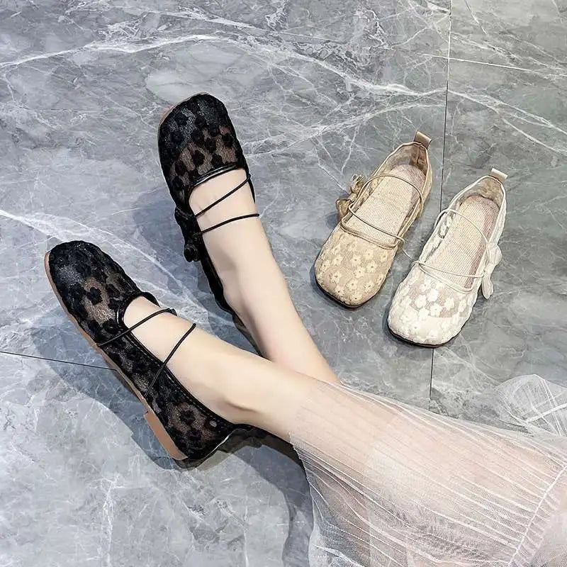 Women's Lace Embroidered Mesh Mary Jane Flats | Slip-On Loafers Women's Flat Loafers Qst