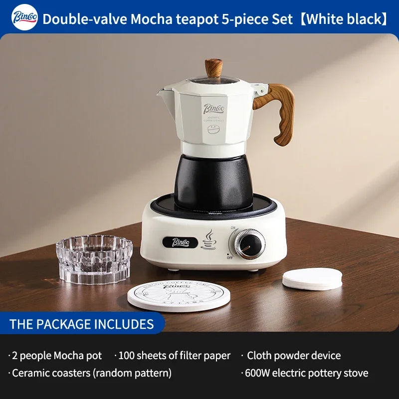 Bincoo Dual Valve Moka Pot Espresso Set with Electric Stove Moka Pot Set Qst 5pcs set black white