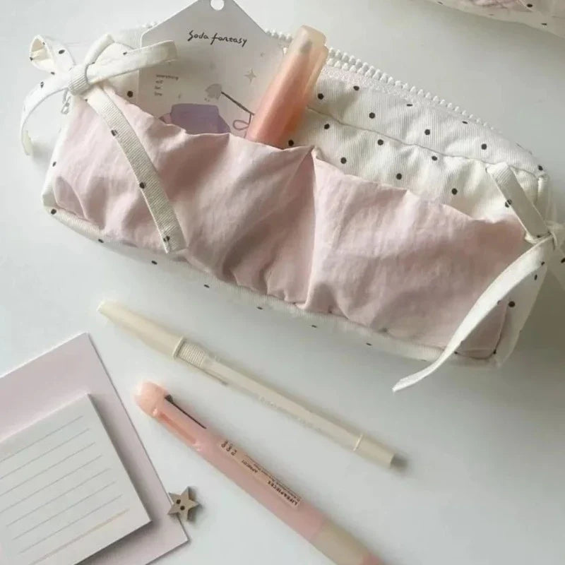 Cute Polka Dot Large Capacity Pencil Bag | Fabric Pouch Pencil Bag Pouch Qme