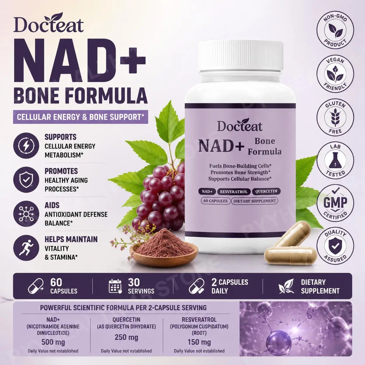 Docteat NAD+ Bone Formula 500mg – Quercetin & Resveratrol Caps Dietary Supplement Qst