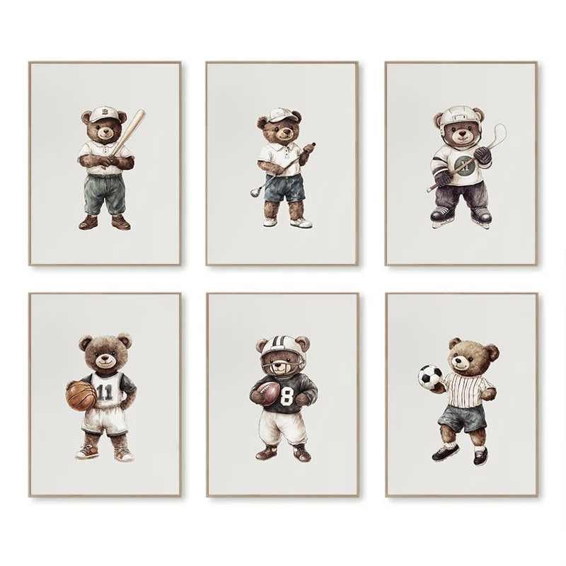 Vintage Teddy Bear Sports Watercolor Canvas Wall Art Poster Canvas Wall Art Qst