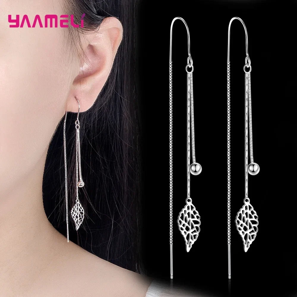 925 Sterling Silver Leaf Tassel Long Drop Earrings – 85mm Drop Earrings Qme Default Title