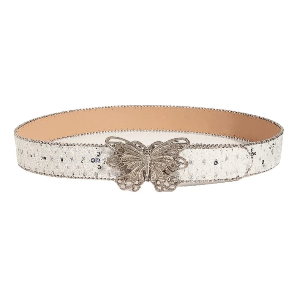 Sequin Butterfly Wide Belt – Y2K Punk Korean Denim Style Wide Fashion Belt Qme White