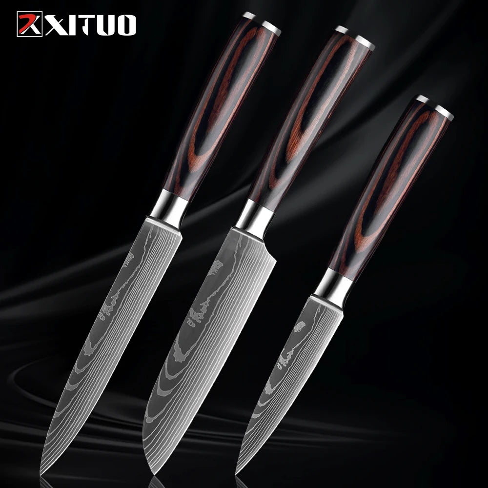 XITUO Japanese Kitchen Knife Set – Damascus Santoku & Utility Kitchen Knife Set Qst
