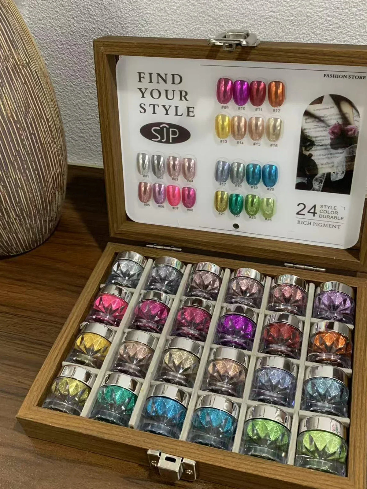 24-Color Mirror Nail Art Powder Set, Storage Box & DIY Charms Nail Art Powder Set Qme