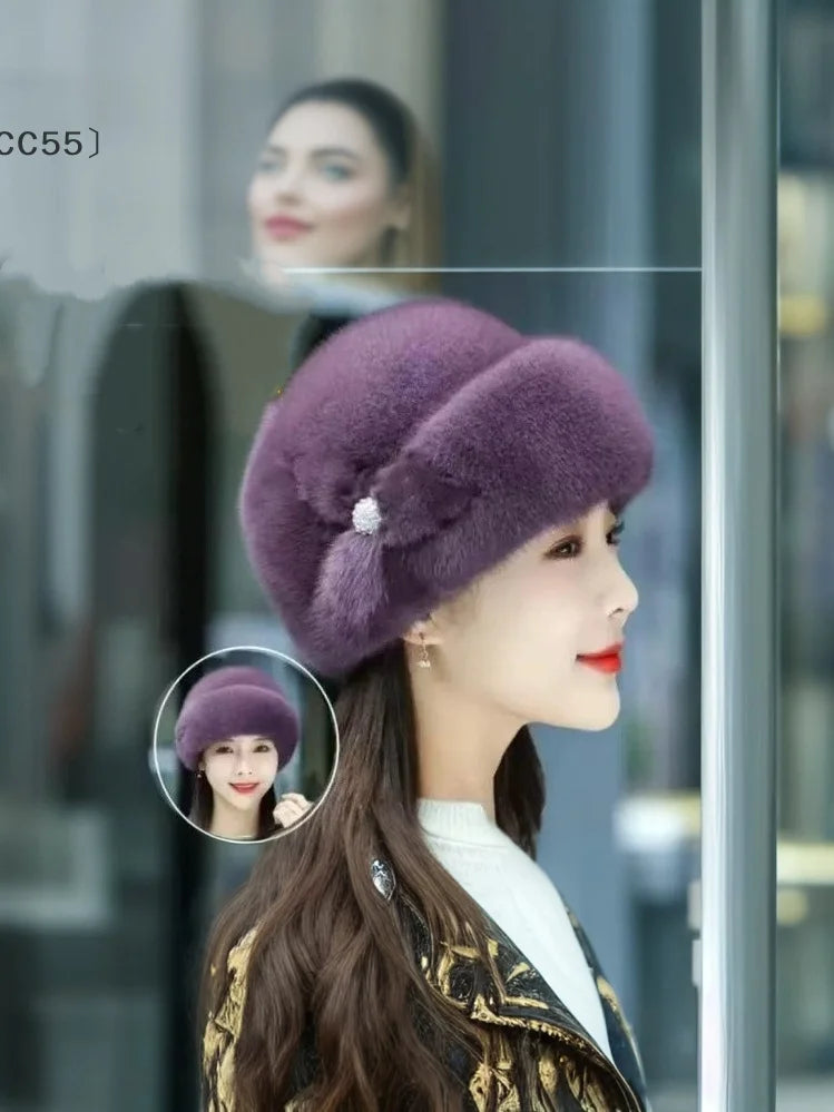 Women's Faux Fur Winter Bucket Hat with Flower Decor Winter Bucket Hat Qst