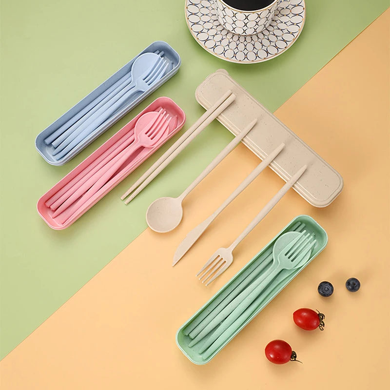 4-Piece Reusable Wheat Straw Cutlery Set with Carry Box Portable Cutlery Set Qst