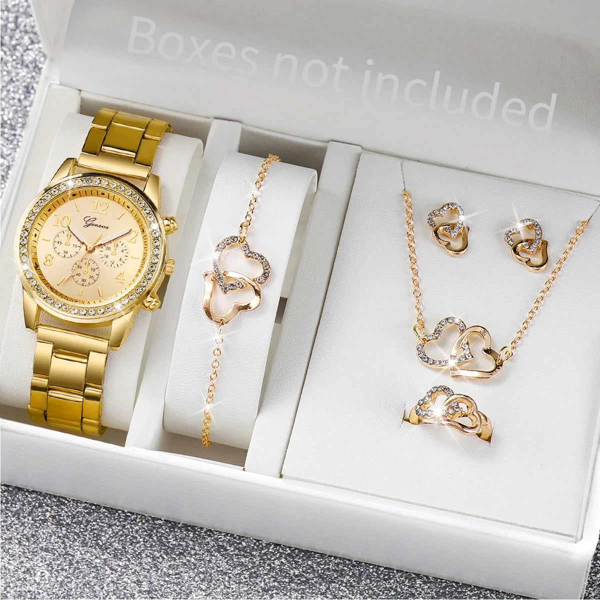 Women's Diamond Double Heart Quartz Watch – Steel Strap Fashion Watch Qme Gold No