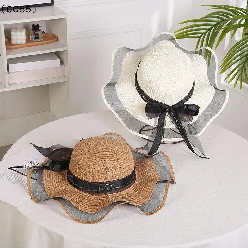 Wide Brim Straw Sun Hat – Lace Bow UV Protection Beach Cap Wide Brim Sun Hat Qst