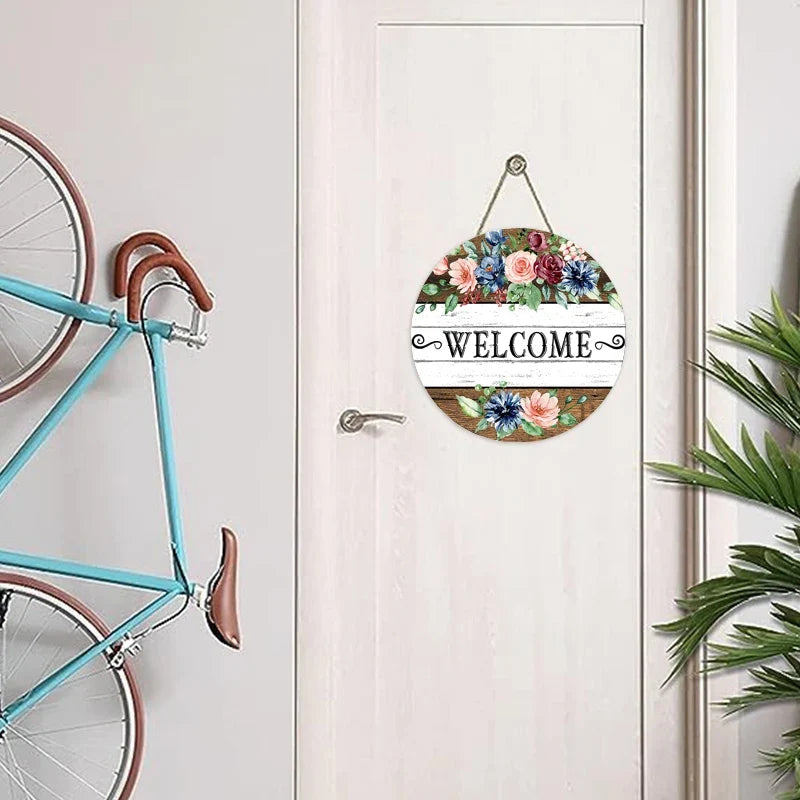 Rustic Flower Welcome Round Wood Wall Plaque Sign | 2 Sizes Wood Wall Plaque Qme