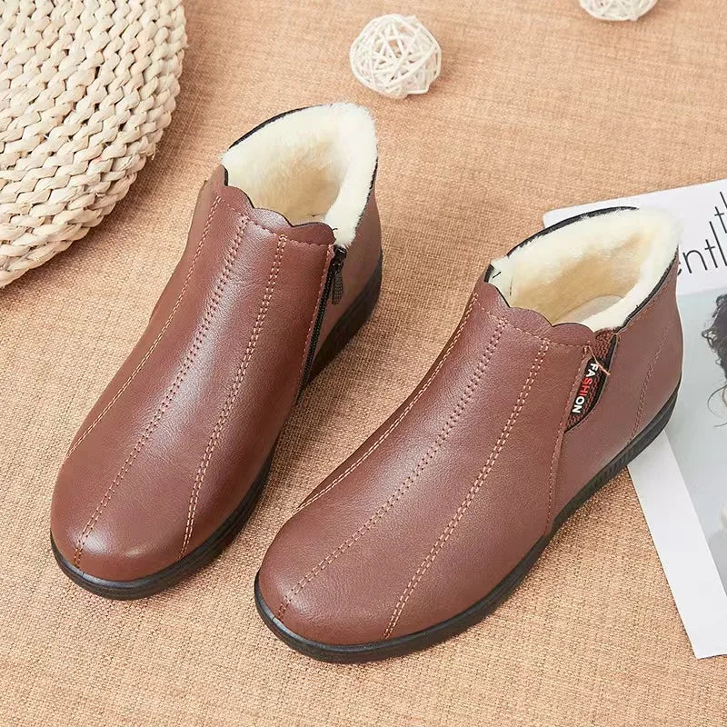 Women's Winter Plush-Lined Slip-On Ankle Boots | Soft PU Leather Women's Ankle Boots Qst Brown 40