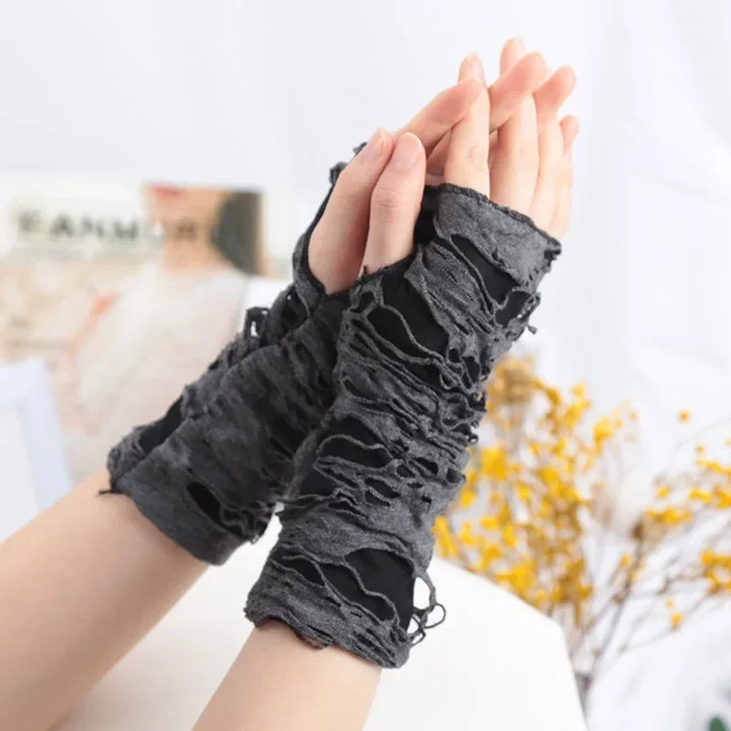 Punk Gothic Black Fingerless Gloves – Ripped Slit Unisex Fingerless Gloves Qme