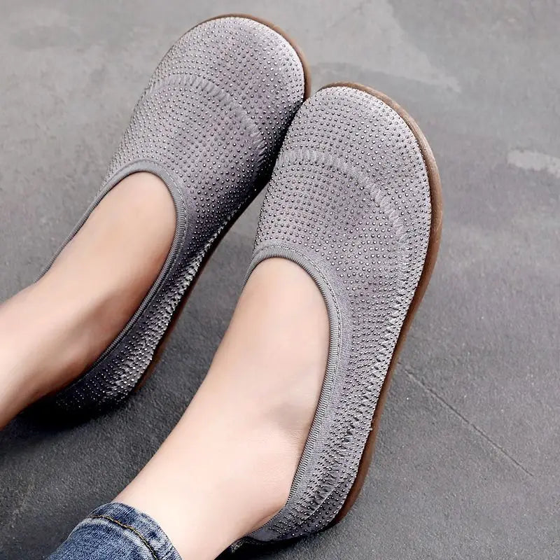 Women's Rhinestone Slip-On Canvas Flat Loafers | Soft Sole Canvas Flat Loafers Qst Grey 38 CN