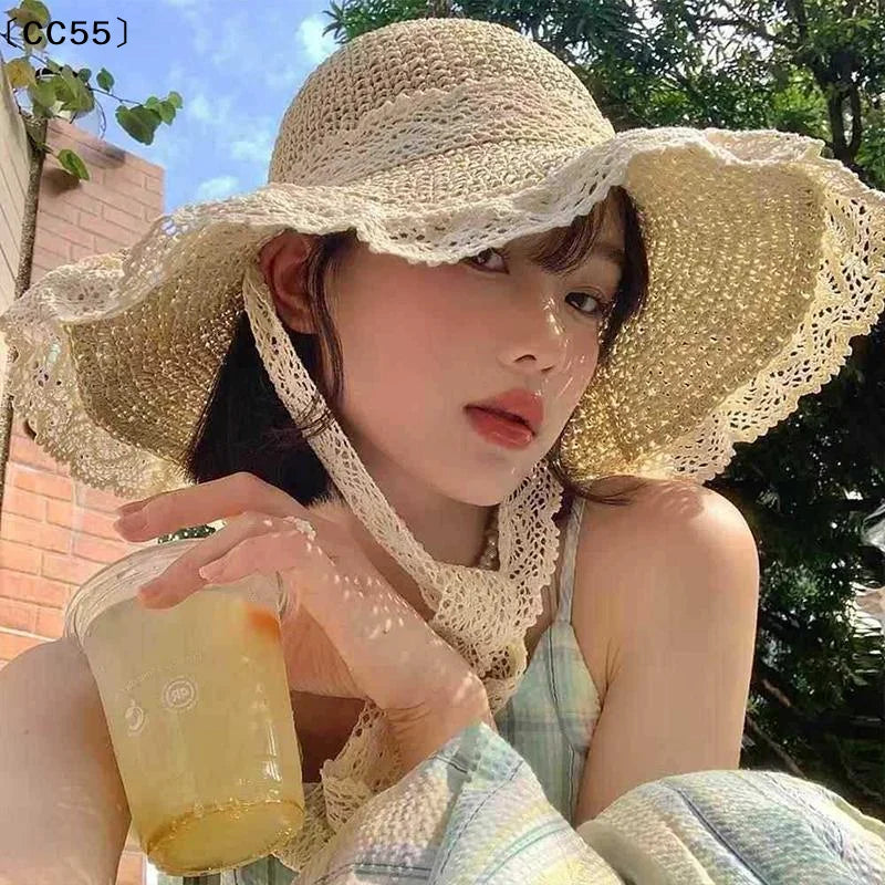 Women's Wide Brim Lace Straw Hat – Beach Sun Cap Straw Sun Hat Qst
