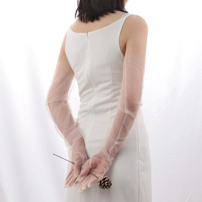 Women's Long Sheer Tulle Gloves Full Finger Mesh Arm Gloves Mesh Fashion Gloves Qme