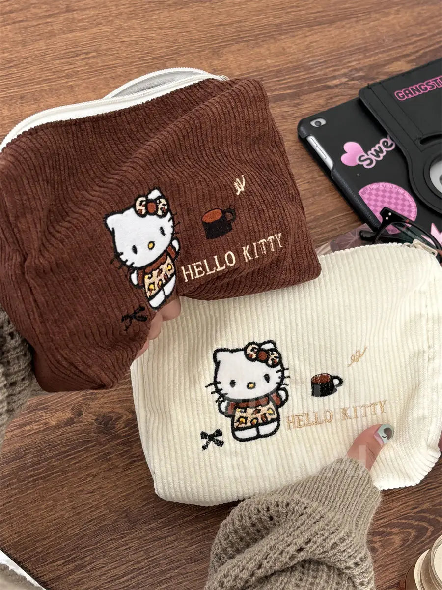 Hello Kitty Embroidered Corduroy Makeup Bag – Large Capacity Cosmetic Makeup Bag Qme