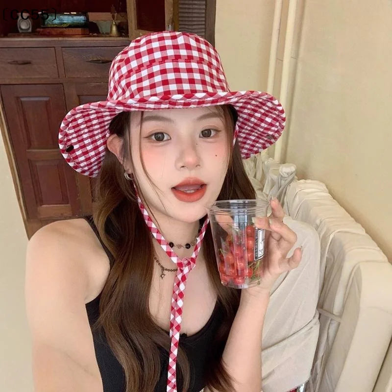 Vintage Plaid Bucket Hat – Wide Brim UV Sun Hat for Women Bucket Sun Hat Qst