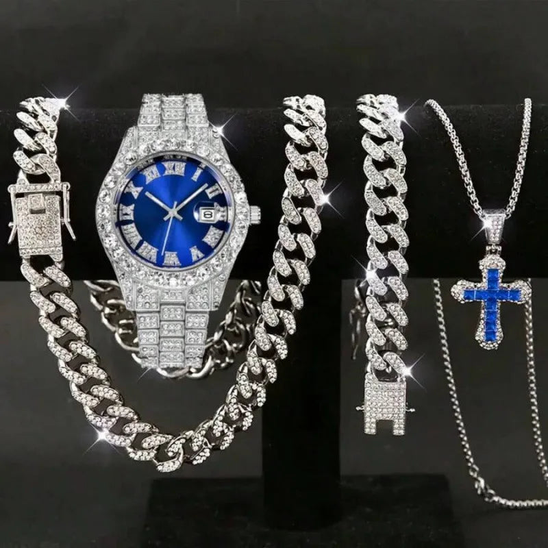 Men's Iced Out Cuban Chain & Diamond Silver Watch Combo Set Watch Jewelry Combo Qme