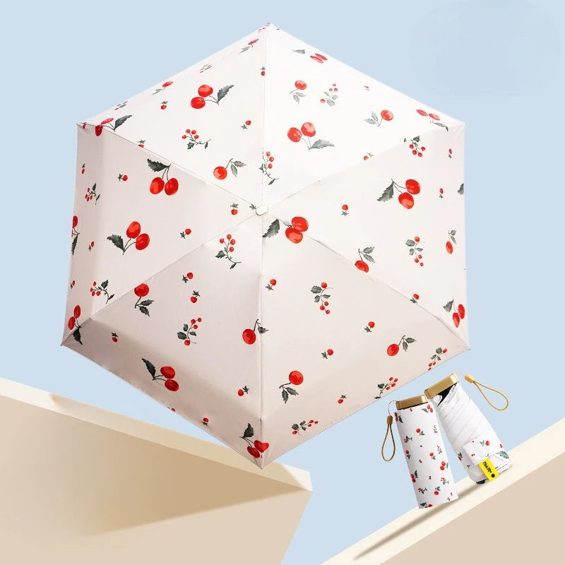 Mini UV Protection Capsule Umbrella – Compact 5-Fold Auto Compact Travel Umbrella Qst Cherry 6K Iron