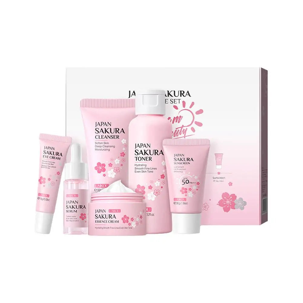 Sakura Skin Care Set – Cleanser, Serum, Eye Cream & Sunscreen Skin Care Set Qme 6pcs CN