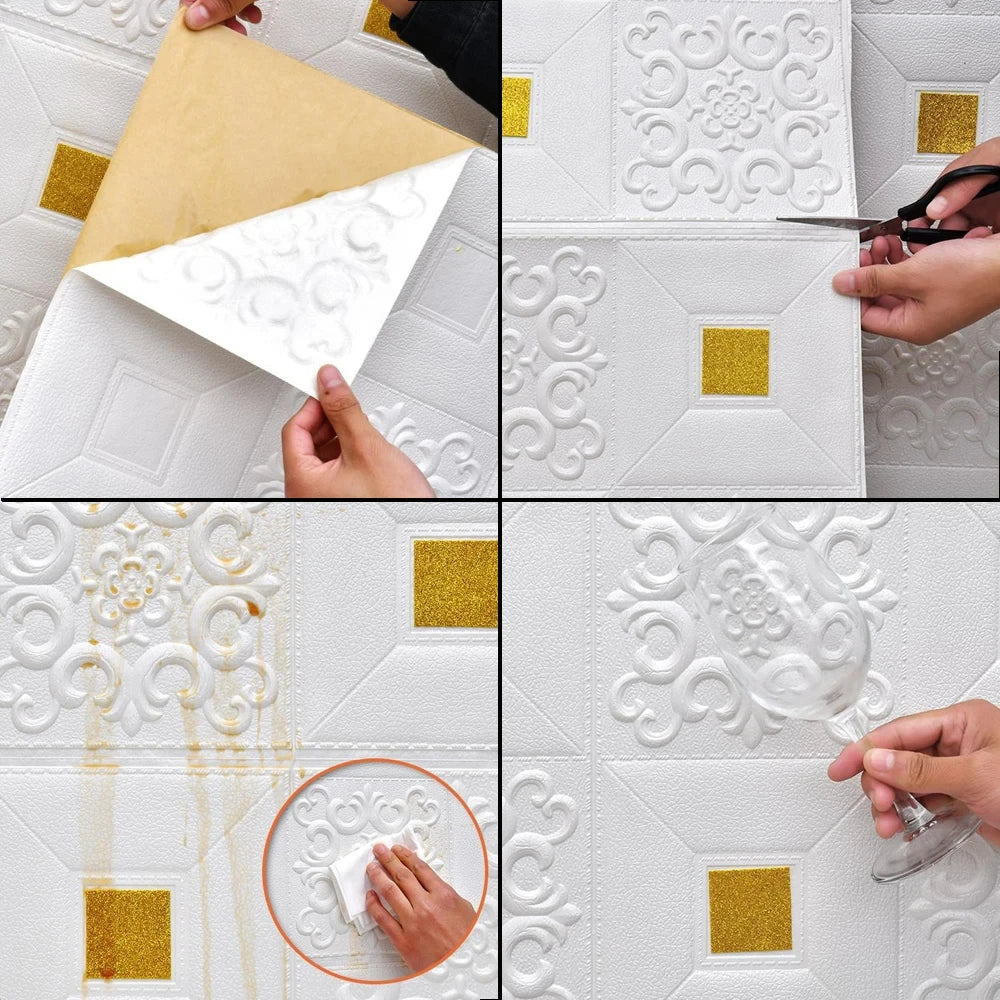 Golden Retro Brick Wall Stickers – Waterproof Self-Adhesive Wall Sticker Panels Qme