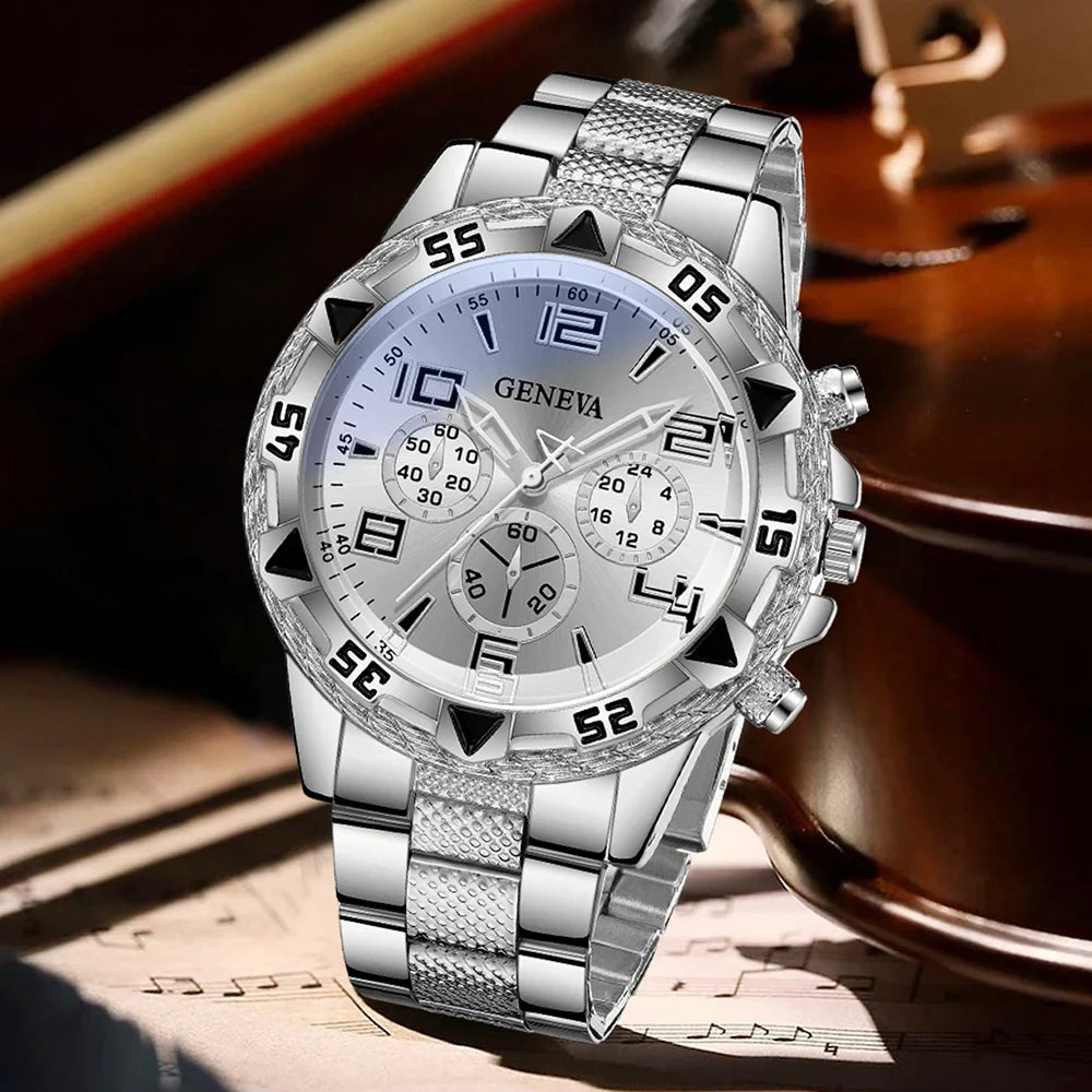 Geneva Silver Plate Men's Diamond Dial Steel Strap Watch Men's Fashion Watch Qme