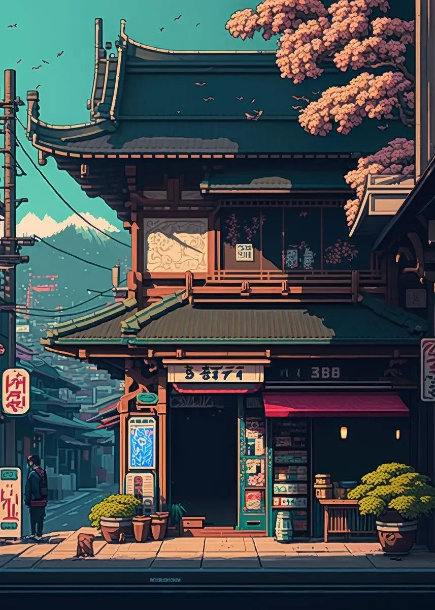 Japan Pixel Street Landscape Canvas Wall Art Print | Home Decor Canvas Wall Art Qst G 50X70cm No Framed