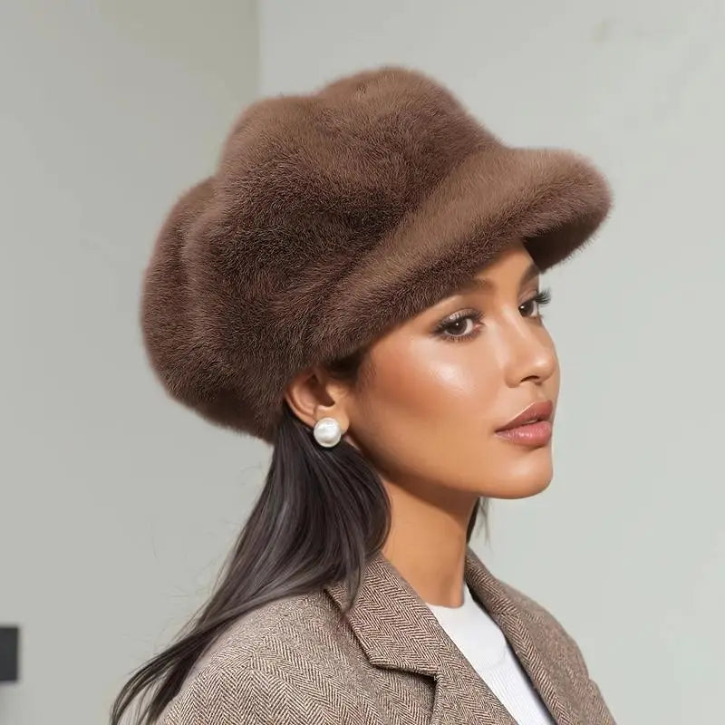Women's Faux Mink Beret – Warm Solid Color Peaked Cap Women's Beret Hat Qst