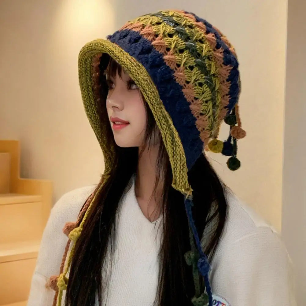 Rainbow Striped Knit Beanie Hat – Women's Winter Warm Cap Knit Beanie Hat Qme