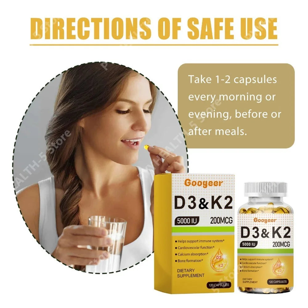 Vitamin D3 5000 IU + K2 200 mcg Capsules – 120 CT | Daily Wellness Vitamin Supplement Qst