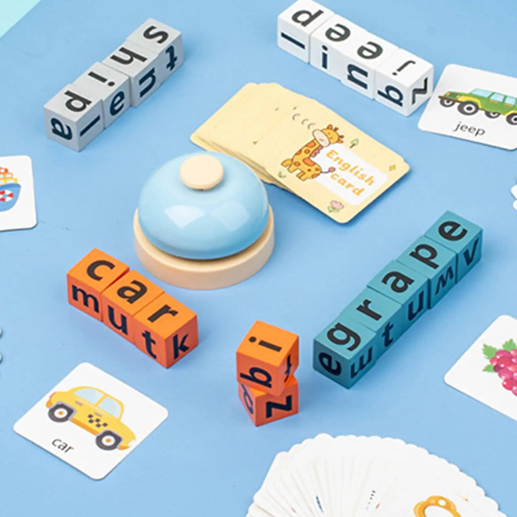 Wood Spelling Blocks Flash Card Letter Matching Game for Kids Educational Learning Toy Qme