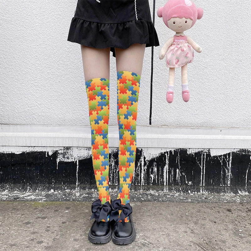 Harajuku Puzzle Plaid Knee Socks | Kawaii Novelty Stockings Novelty Knee Socks Qme