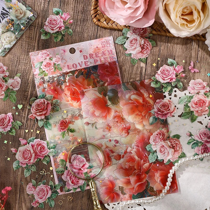Large Aesthetic Flower PET Stickers – DIY Scrapbooking 4-Pack Decorative Stickers Qme