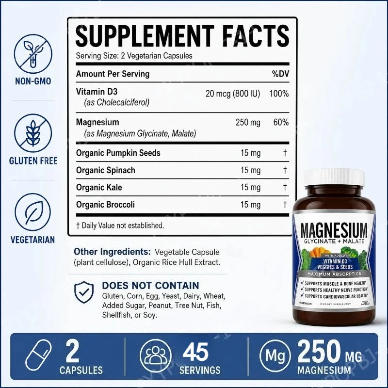 Magnesium Glycinate Malate + Vitamin D3 Capsules – 90ct Magnesium Supplement Qst