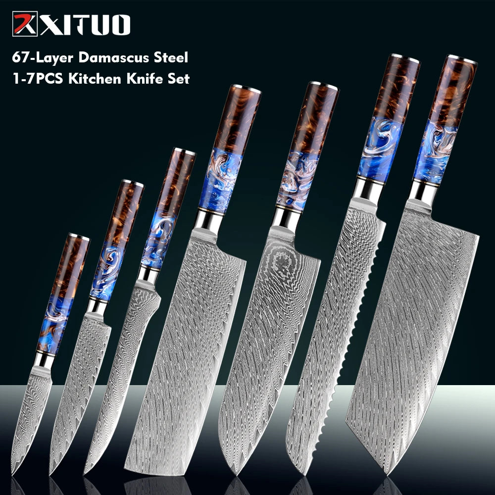 Damascus Steel Chef Knife Set – Sea Blue Resin Handle | Xituo Damascus Knife Set Qst