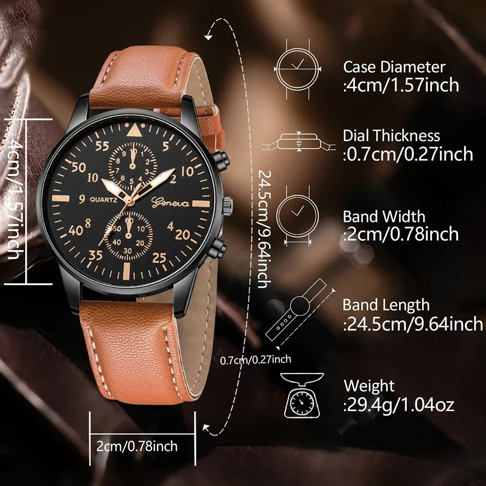 Geneva Men's Leather Strap Quartz Watch – Three-Eye Dial Men's Quartz Watch Qme